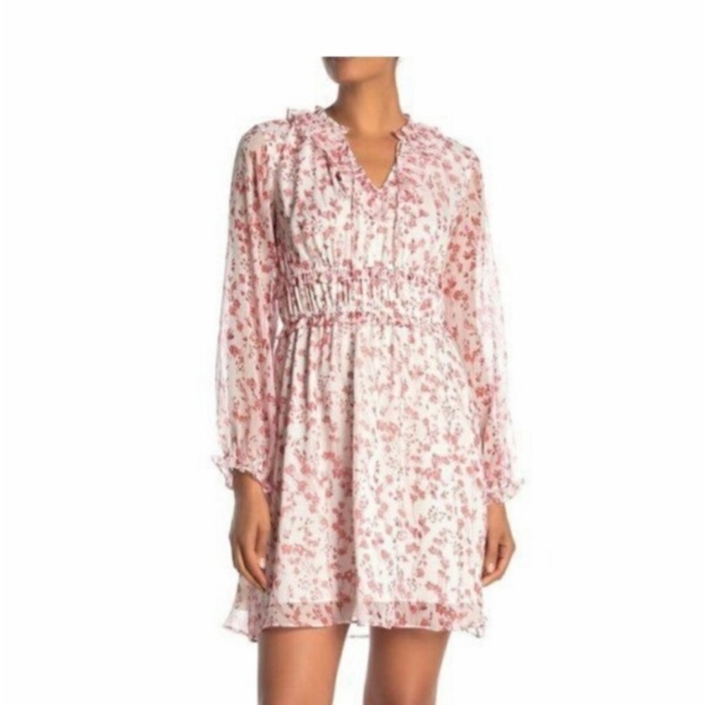 CeCe Floral Chiffon Tie Neck Ruffle Dress Size 12 White Red Sheer Sleeve Wedding - Picture 17 of 17